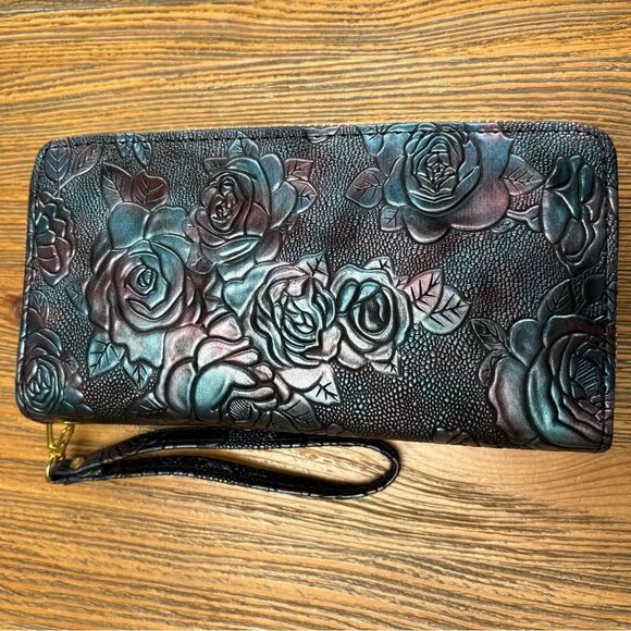 Handbags - Vintage Style Floral Embossed Black Blue and Burgundy Women's Faux Clutch NWOT